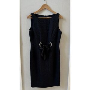 Taylor Black Matelasse Sheath Dress Rhinestone Bow Accent Wool Blend Size 8